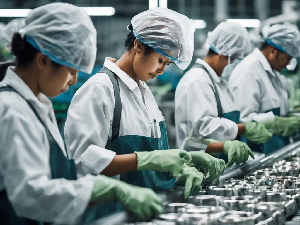 A group of factory workers wearing hairnets, gloves, and protective uniforms work on an assembly line, carefully inspecting and assembling components.