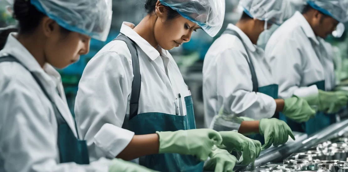 A group of factory workers wearing hairnets, gloves, and protective uniforms work on an assembly line, carefully inspecting and assembling components.