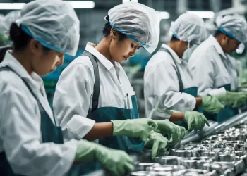 A group of factory workers wearing hairnets, gloves, and protective uniforms work on an assembly line, carefully inspecting and assembling components.