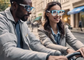 Amazon delivery drivers using smart glasses for efficient navigation and real-time assistance on the job.