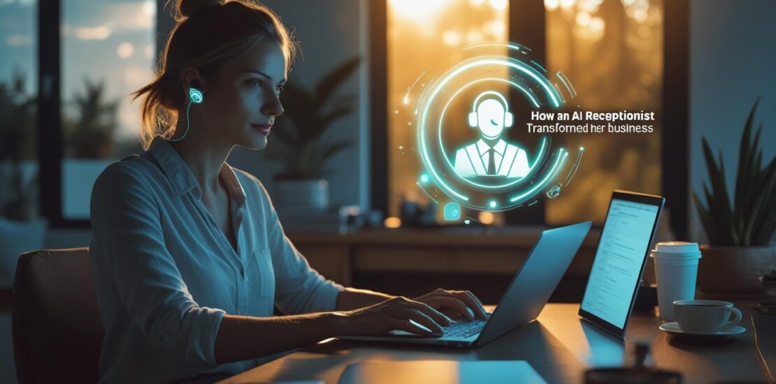 Woman solopreneur working peacefully in a home office while an AI receptionist handles incoming phone calls in the background.