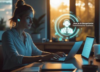 Woman solopreneur working peacefully in a home office while an AI receptionist handles incoming phone calls in the background.