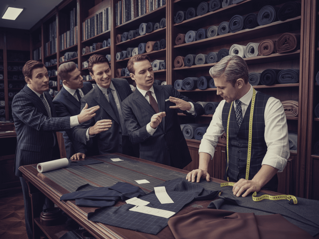 Business professionals in a tailor shop debating suit pricing while the tailor focuses on measurements, illustrating the negotiation mistake of discussing price before structure.
