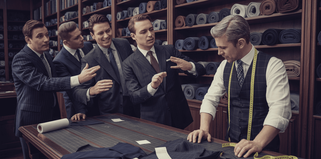 Businessmen arguing over suit pricing in a tailor shop while a tailor focuses on measurements, symbolizing the negotiation mistake of discussing price before structure.