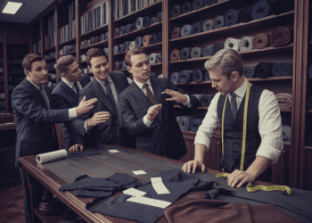 Businessmen arguing over suit pricing in a tailor shop while a tailor focuses on measurements, symbolizing the negotiation mistake of discussing price before structure.