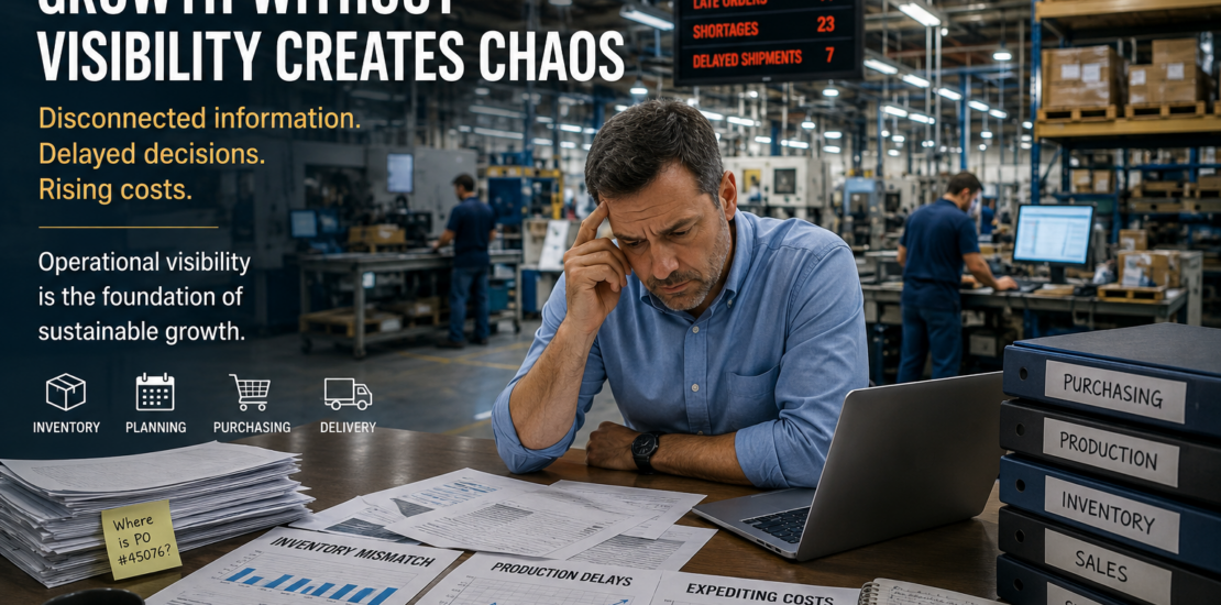 Manufacturing manager reviewing inventory and production reports in a busy factory while operational delays and disconnected workflows create visibility challenges during company growth.