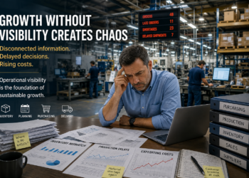 Manufacturing manager reviewing inventory and production reports in a busy factory while operational delays and disconnected workflows create visibility challenges during company growth.