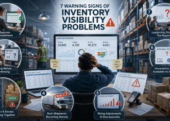 Seven warning signs of inventory visibility problems, including conflicting spreadsheets, stockouts, excess inventory, rush shipments, rising adjustments, unclear available-to-promise inventory, and leadership distrust.