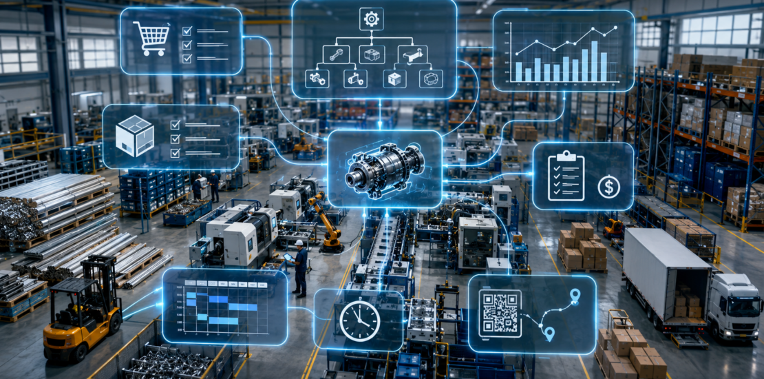 Manufacturing MRP software connecting production planning, multi-level BOMs, inventory, purchasing, scheduling, costing, and traceability