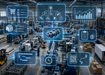 Manufacturing MRP software connecting production planning, multi-level BOMs, inventory, purchasing, scheduling, costing, and traceability